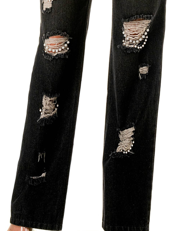 Black Denim & Pearl Ripped Jeans By SALT "Black"