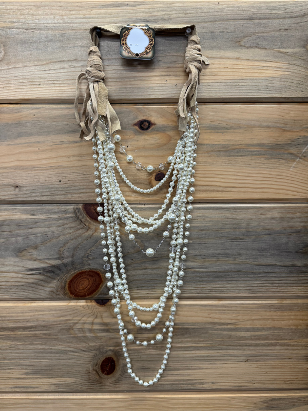 Tan Leather and White Pearls Art By Amy Necklace