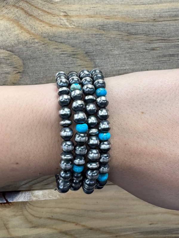 Navajo & Navajo / Turquoise Stone Stretch Bracelets