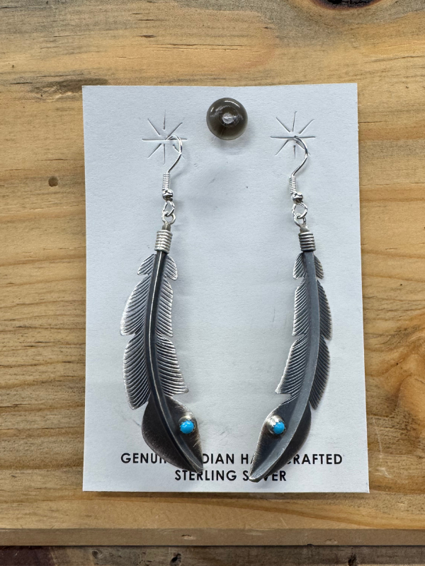 Feather With Turquoise Stone Sterling Silver Earrings