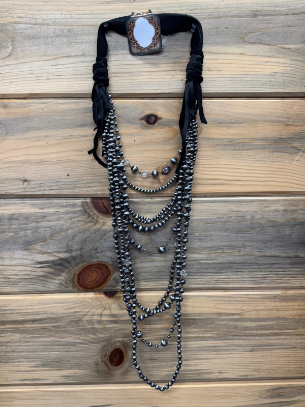 Black Leather & Beads With Clear Beads Long Art By Amy Necklace