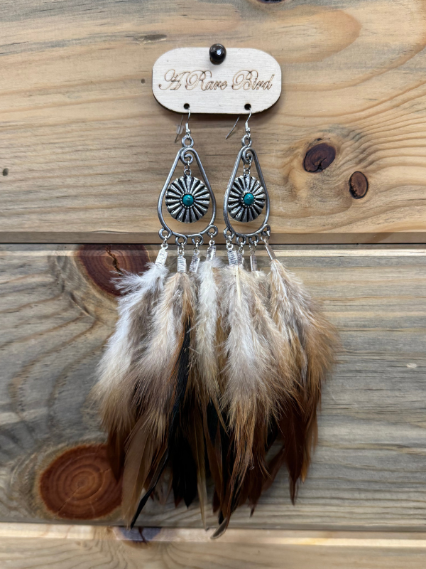 Brown Feather Earring With Turquoise Charms By A Rare Bird