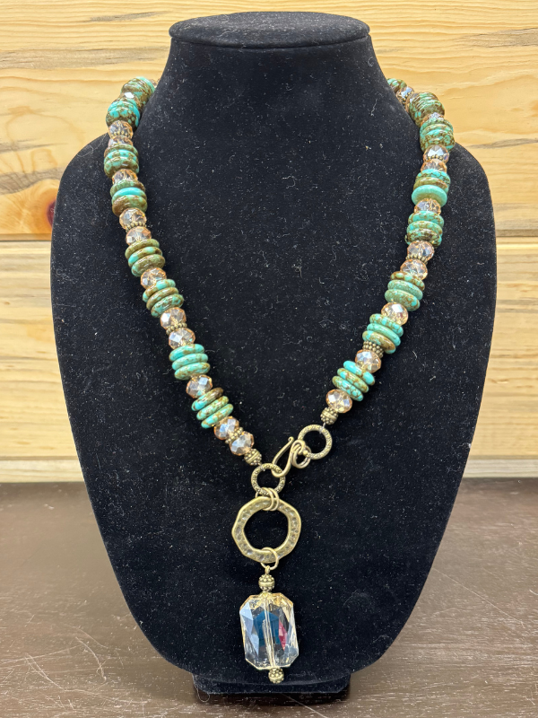 Turquoise, Brown, and Clear Necklace With Clear Charm Necklace