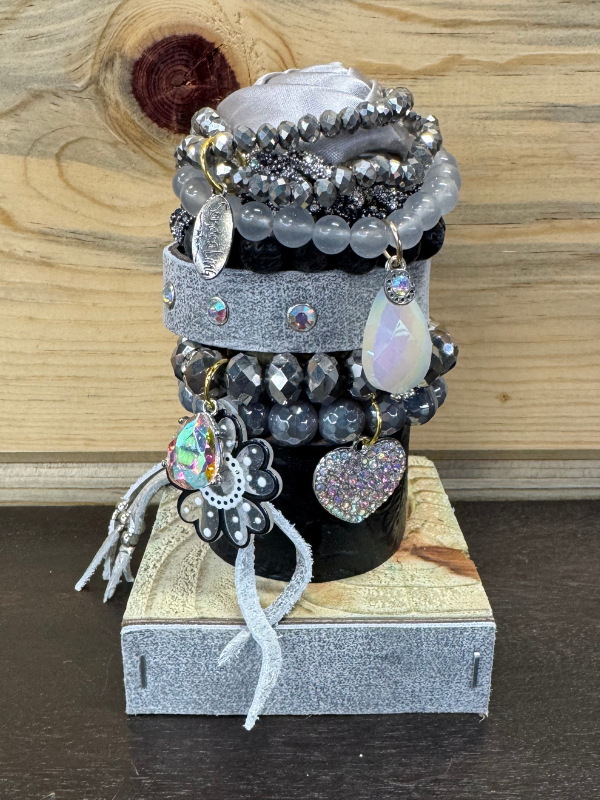 Black / Silver Flower Charm Stack Bracelet