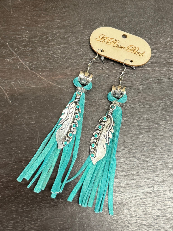 Turquoise Leather With Feather Charm Earrings By A Rare Bird