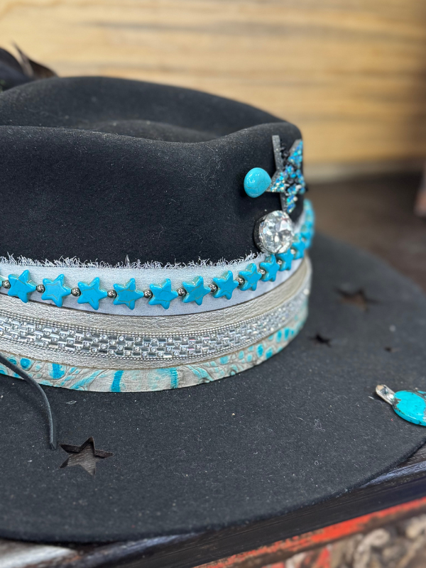 Black & Turquoise Star Cut Out Fedora Hat by Art By Amy