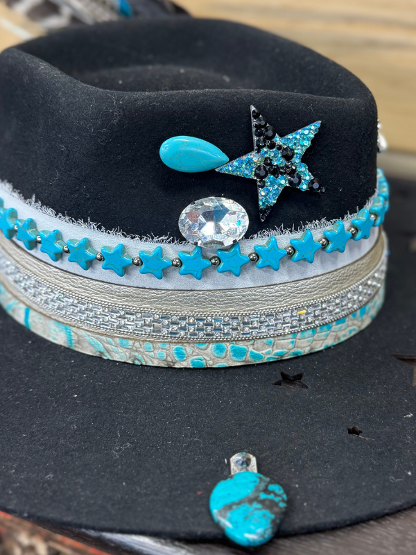 Black & Turquoise Star Cut Out Fedora Hat by Art By Amy