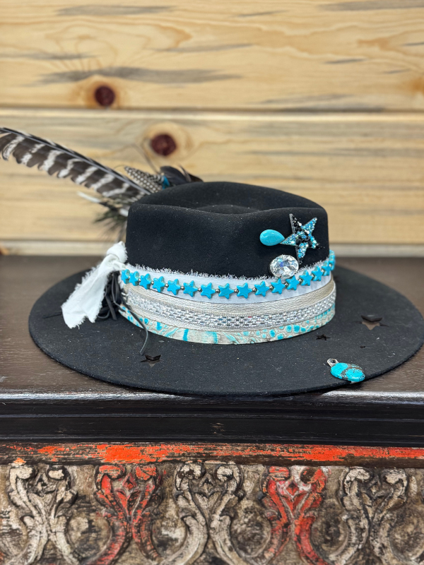 Black & Turquoise Star Cut Out Fedora Hat by Art By Amy