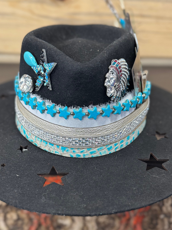 Black & Turquoise Star Cut Out Fedora Hat by Art By Amy