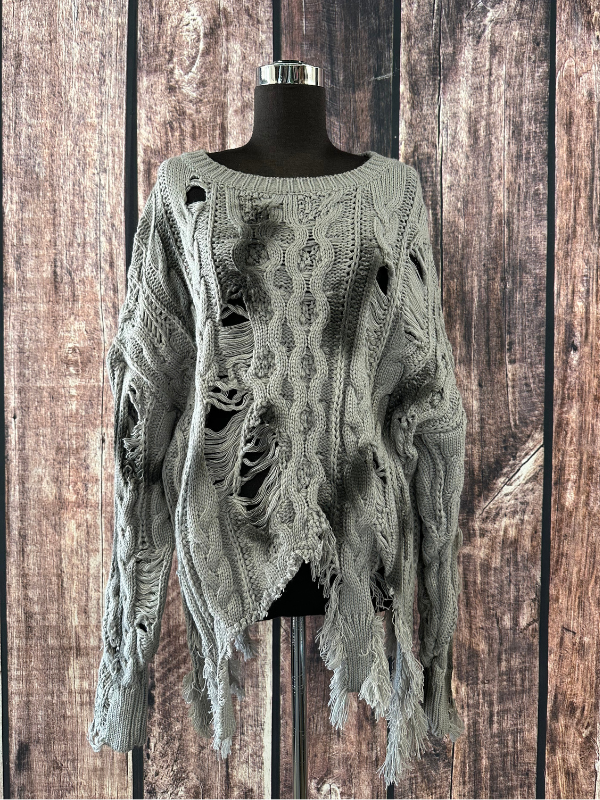 Luxe & Leather by Madonna & Co - Textured Asymmetrical Distressed Sweater Gray