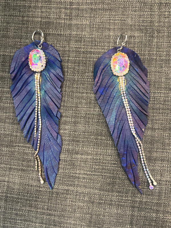 Blue Painted Leather Earring Feathers