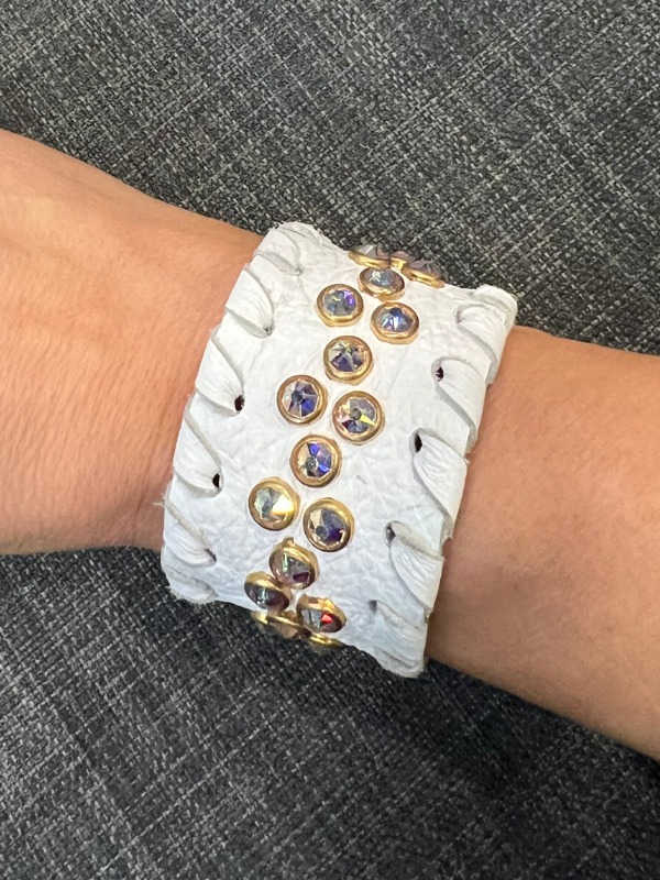 White Whipstitched With Crystal Stones Bracelet by Kurtmen