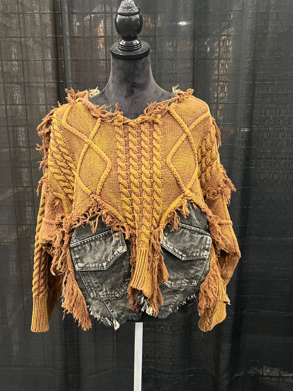 Luxe & Leather by Madonna & Co - Textured Sweater with Denim Trim-Shacket