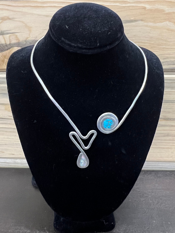 Custom Kingman and Mother of Pearl Heart Choker Sterling Silver Necklace