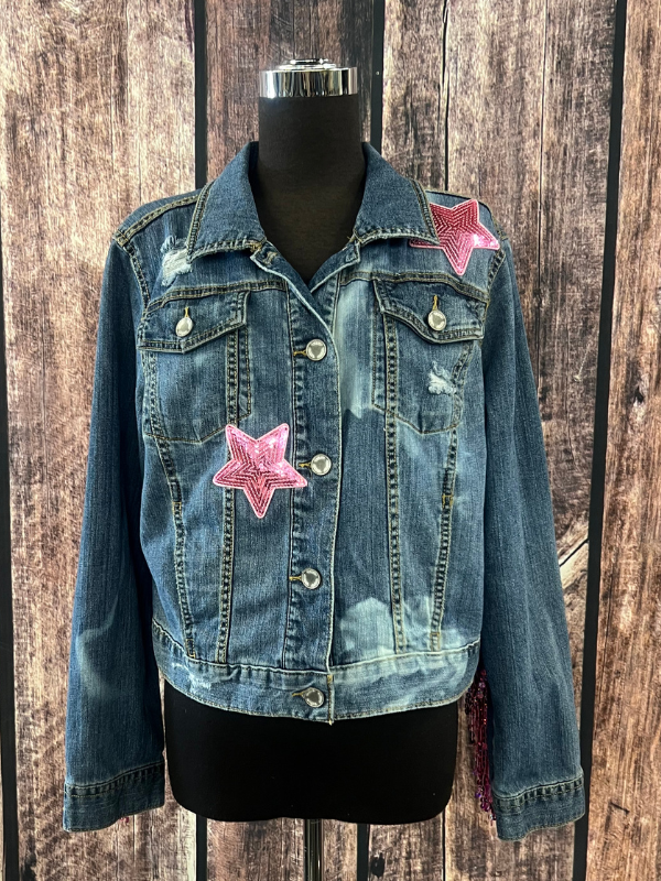 2 Pink Bleached Star & Fringe Denim Jacket By Marti Rae #231