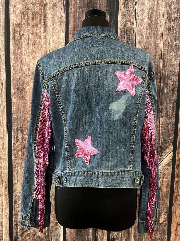 2 Pink Bleached Star & Fringe Denim Jacket By Marti Rae #231