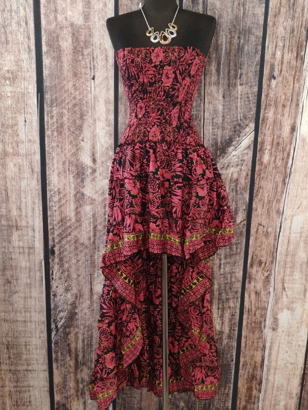 Strapless Red High Low Dress Floral Print
