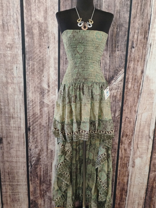 Strapless Green and Tan High Low Dress