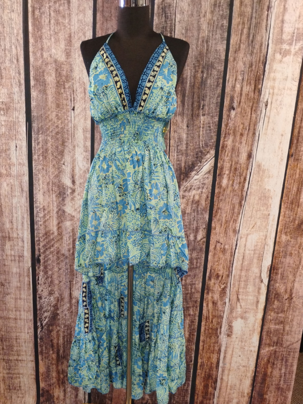 Blue V Neck Halter Dress High Low