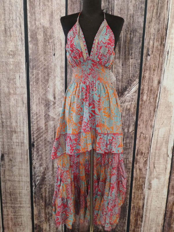 Red, Orange, Blue V Neck Halter Dress High Low