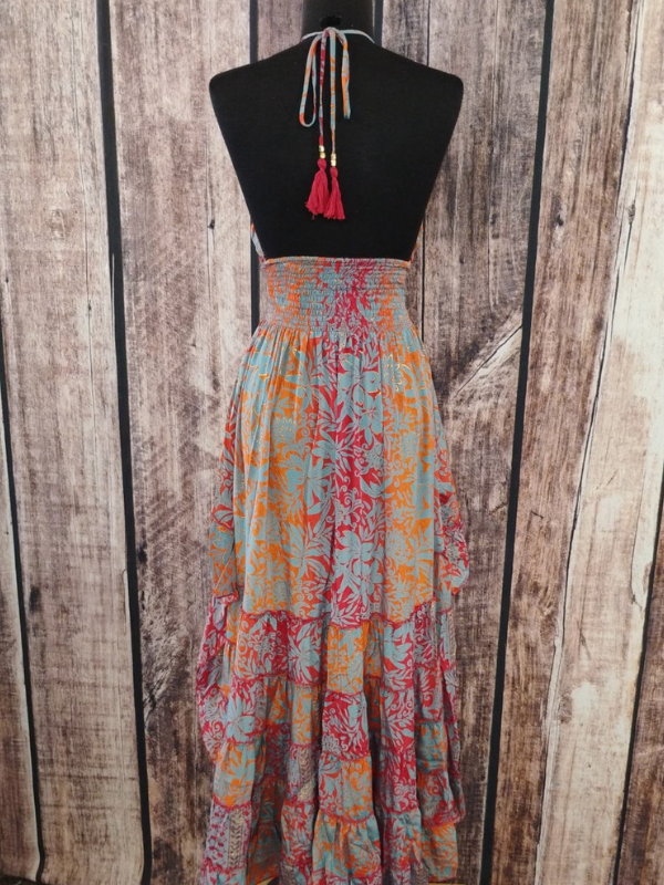Red, Orange, Blue V Neck Halter Dress High Low