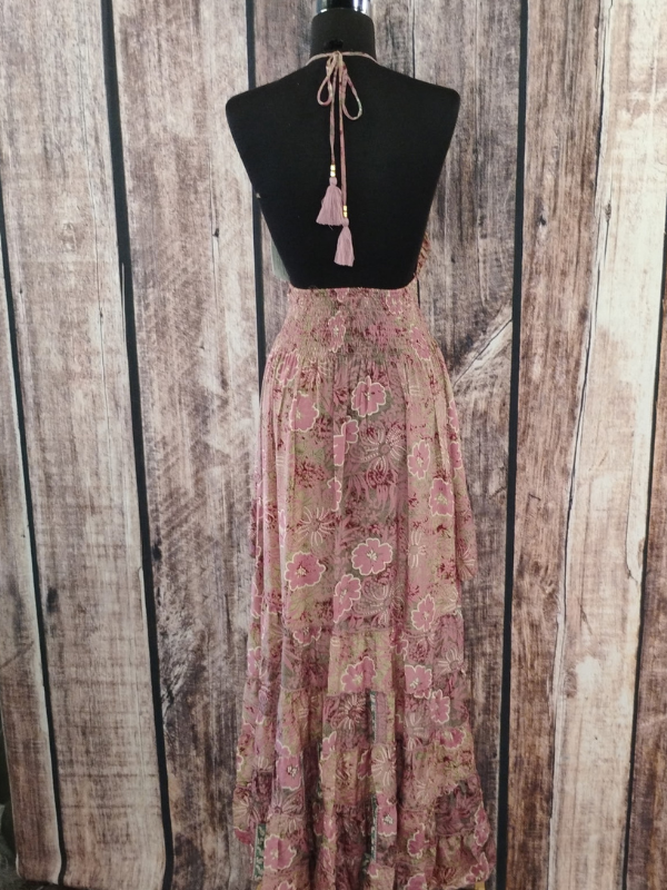 Pink & Brown V Neck Halter Dress High Low