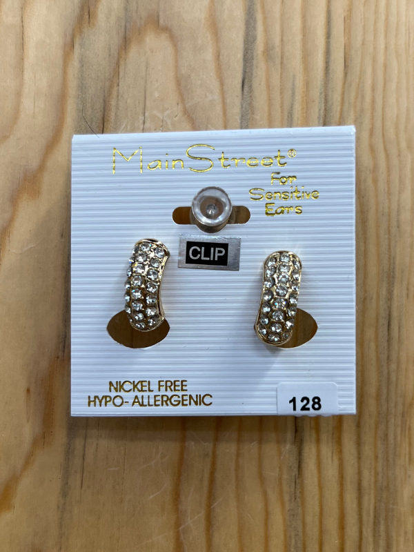 Main Street Earrings #128 Gold With Stones Hoop CLIP STYLE