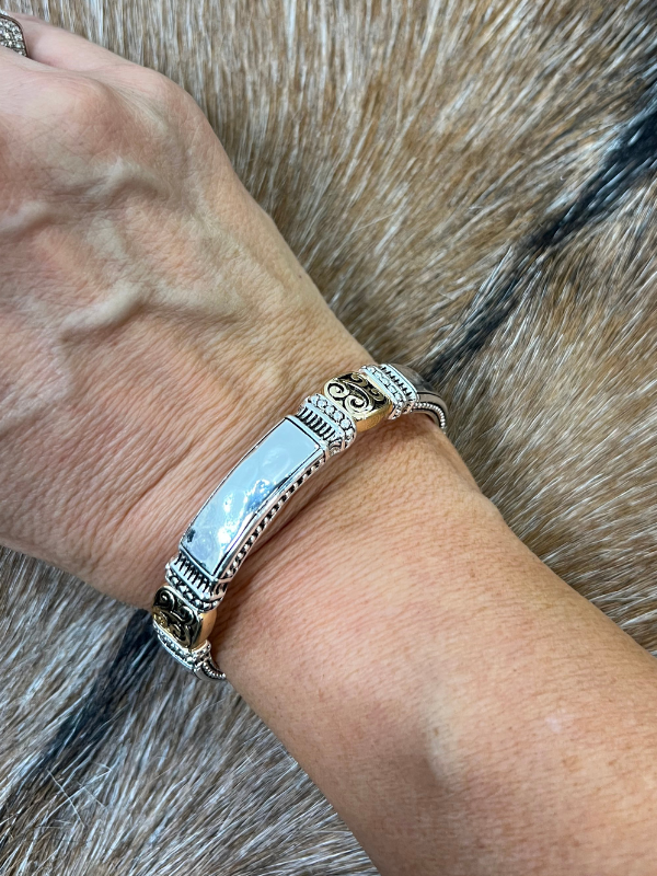 Beaded Ring, Gold Scrolling, Smooth Silver Stretch Bracelet