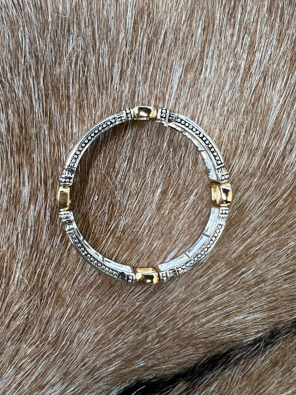 Beaded Ring, Gold Scrolling, Smooth Silver Stretch Bracelet