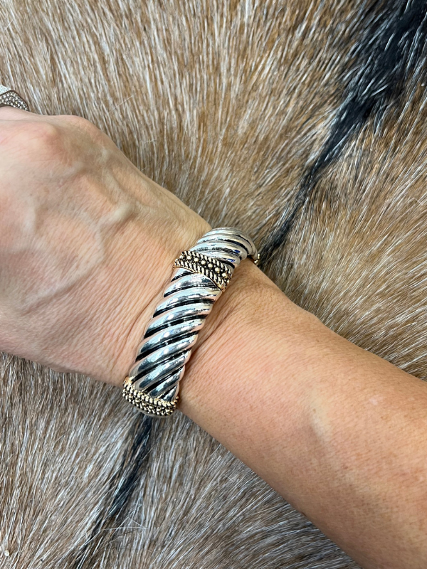 Large Rope Coils Silver With Gold Beaded Rounds Stretch Bracelet