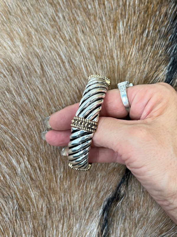 Large Rope Coils Silver With Gold Beaded Rounds Stretch Bracelet