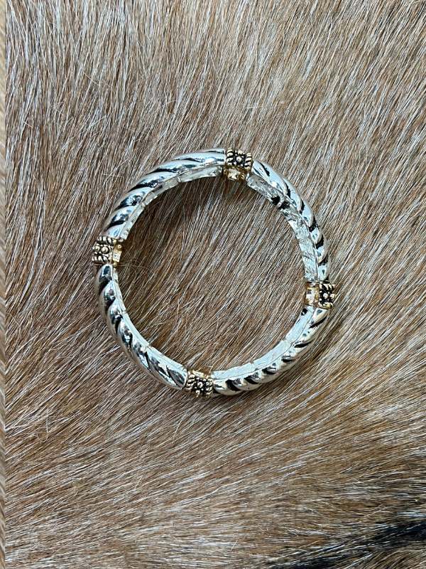 Large Rope Coils Silver With Gold Beaded Rounds Stretch Bracelet
