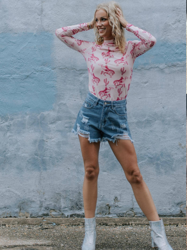 Merigold Kiss Pink Bucking Horses Velvet Mesh Top