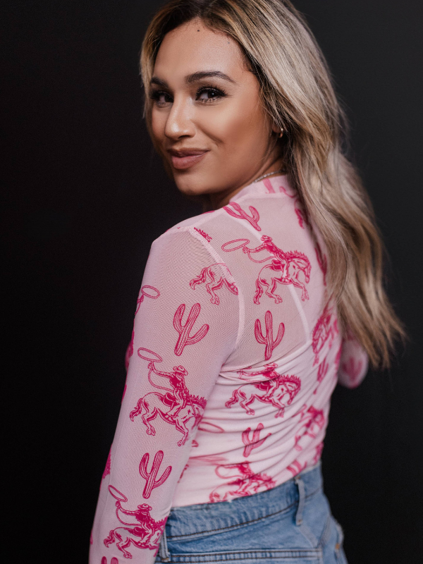 Merigold Kiss Pink Bucking Horses Velvet Mesh Top