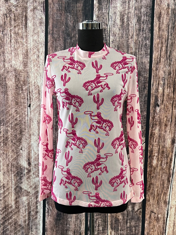 Merigold Kiss Pink Bucking Horses Velvet Mesh Top
