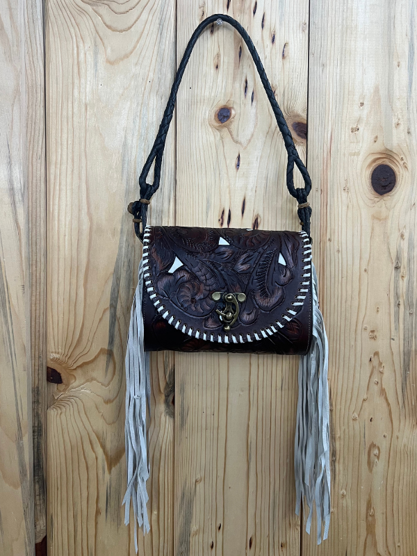 Brown Tooled With Ivory Inlay Dual Strap Silver Fringe Juan Antonio Purse