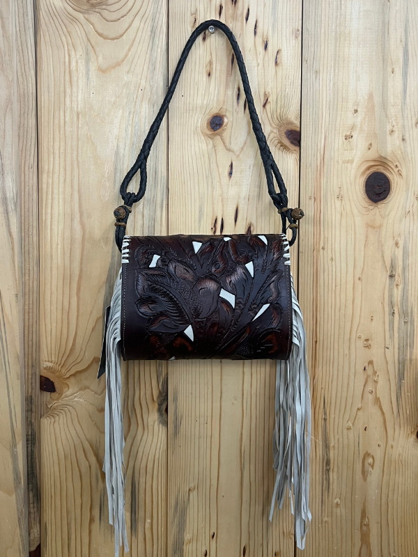 Brown Tooled With Ivory Inlay Dual Strap Silver Fringe Juan Antonio Purse