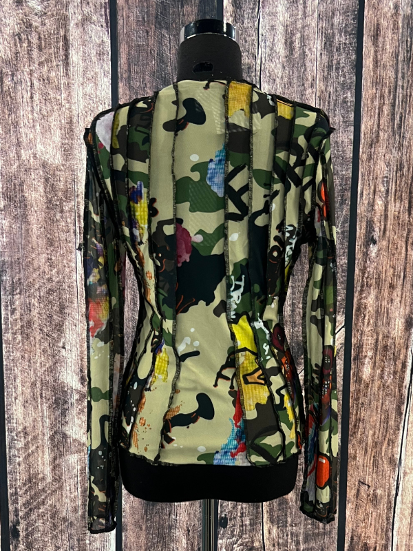 Mesh Long Sleeve Top Camo Vertical Stitch Knit Green Top OO La La