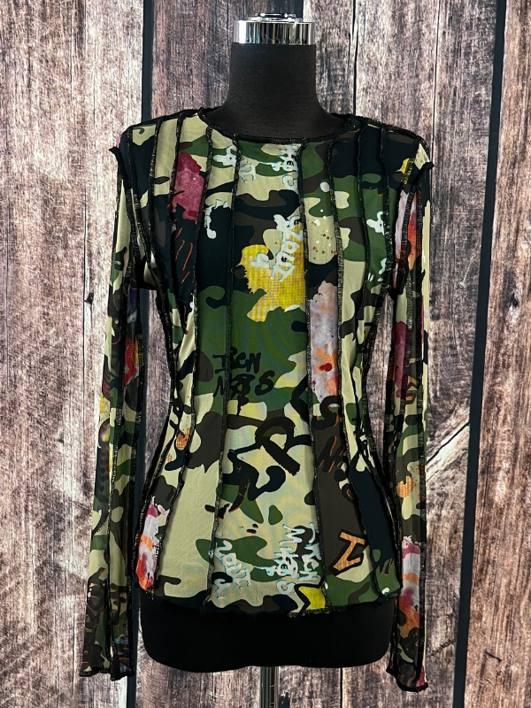 Mesh Long Sleeve Top Camo Vertical Stitch Knit Green Top OO La La
