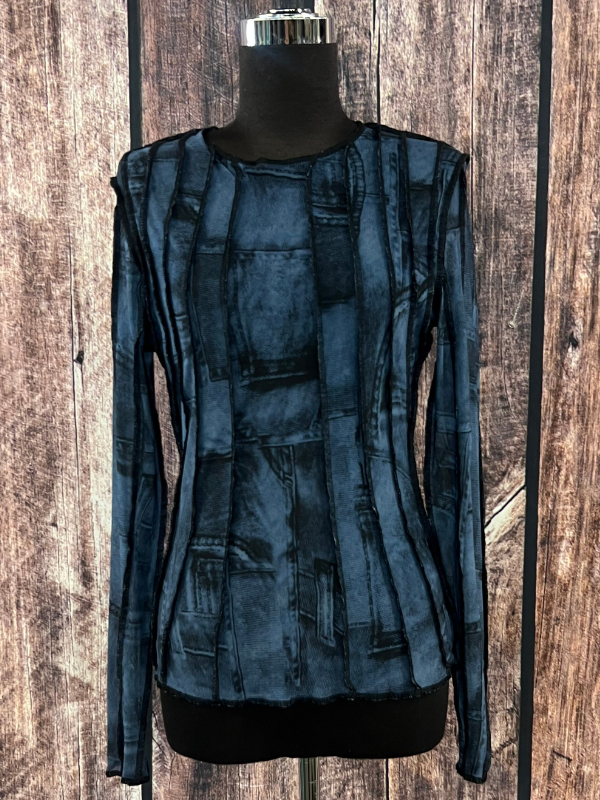 Denim Patch Print Vertical Mesh Top OO La La