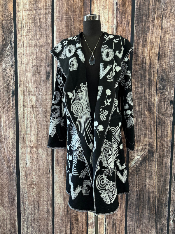 Adore Black & White Embroidered Cardigan With Hood