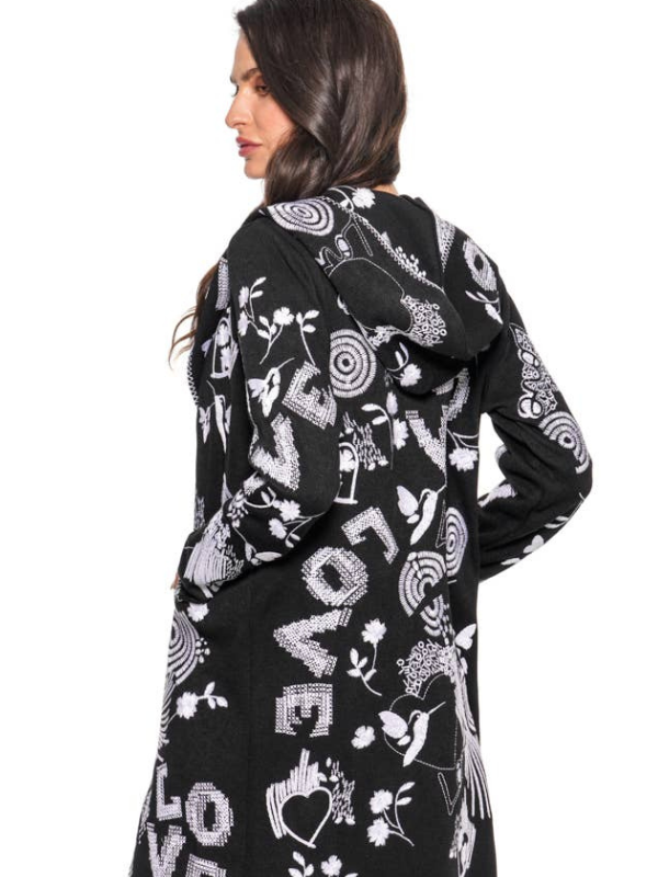 Adore Black & White Embroidered Cardigan With Hood