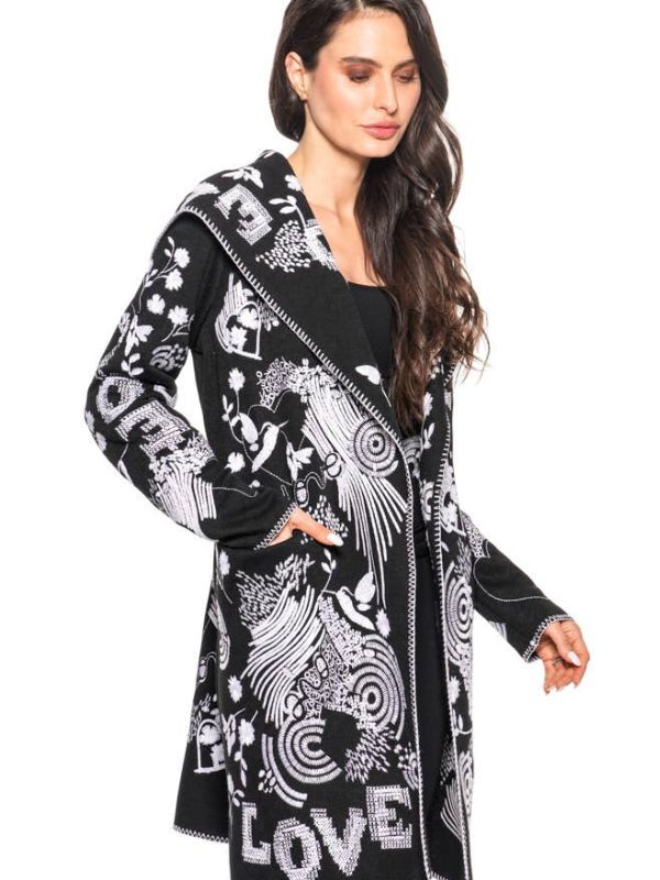 Adore Black & White Embroidered Cardigan With Hood