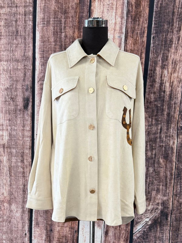 Way Tan Horse Button Up Top With Pockets