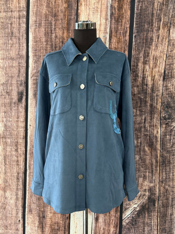 Way Blue Horse Button Up Top With Pockets