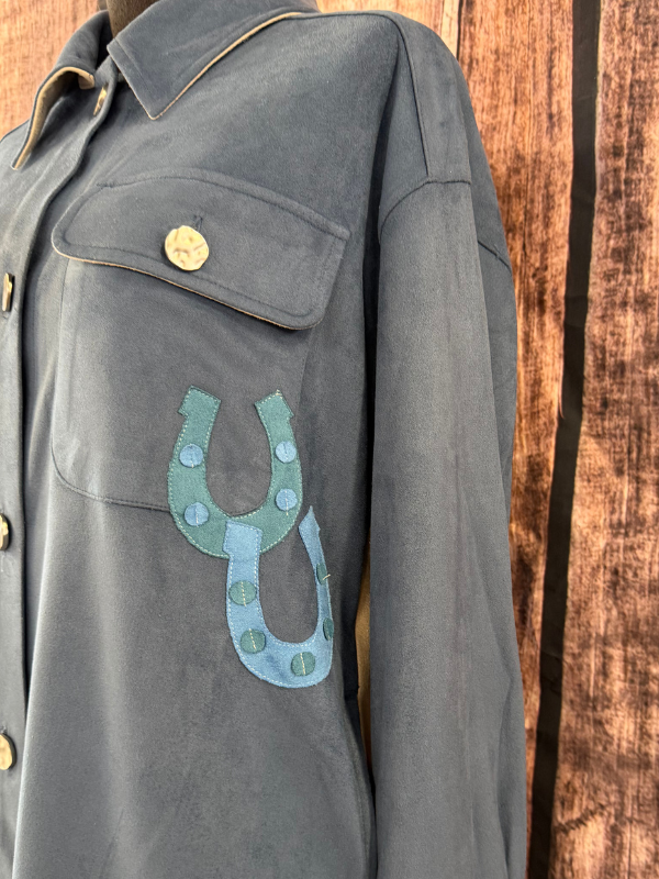 Way Blue Horse Button Up Top With Pockets