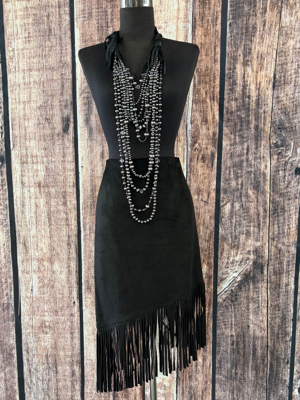 Adore Black Fringe Skirt Medium Length