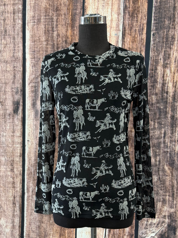 Merigold Kiss Long Sleeve Western Scene Mesh Top
