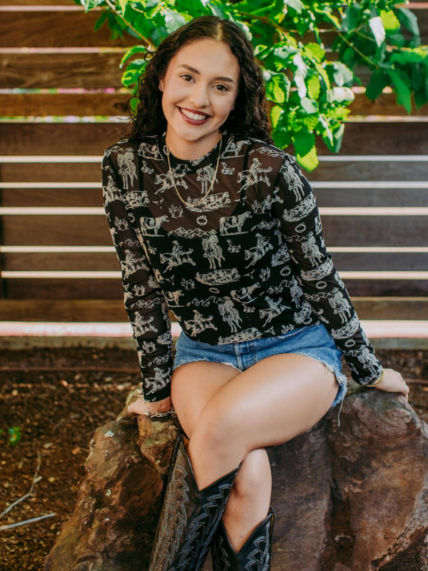 Merigold Kiss Long Sleeve Western Scene Mesh Top