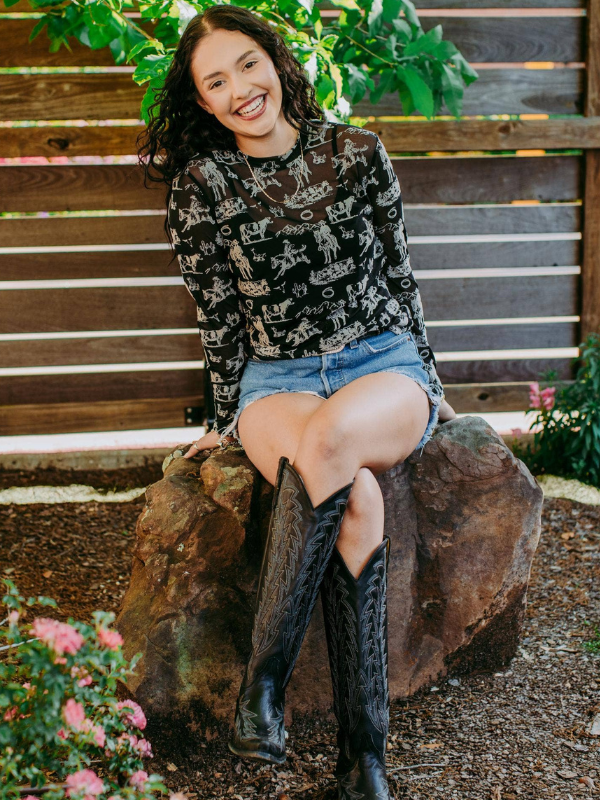 Merigold Kiss Long Sleeve Western Scene Mesh Top